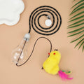 Interactive cat toy hanging from door frame with dangling mouse and chicken toys on elastic rope