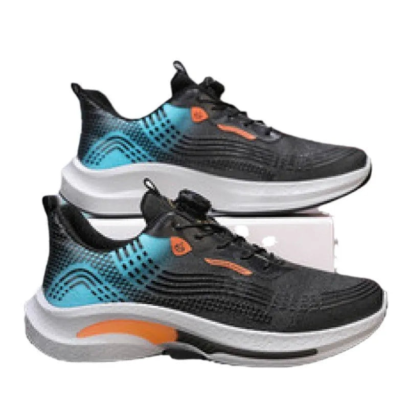 Men's white and blue mesh sneaker with a rotating buckle closure and rubber sole
