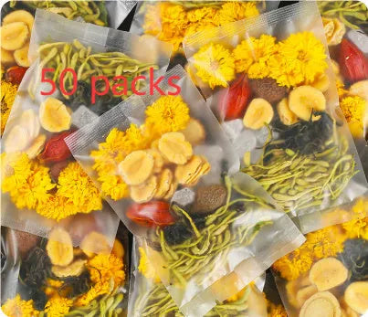 Box of honeysuckle chrysanthemum herbal tea bags with 150g net weight label.