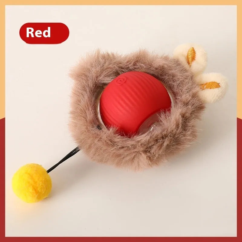 Silicone self-moving rolling ball cat toy in green, red, and grey colour options.