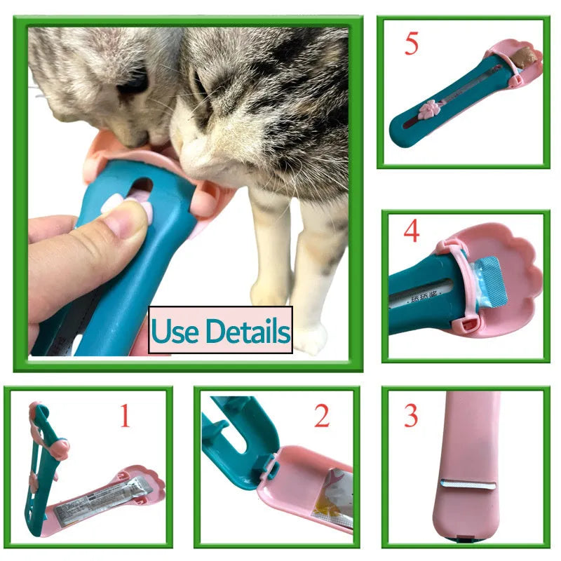 Pink and green pet feed spoon with squeezer mechanism for wet food and treat dispensing