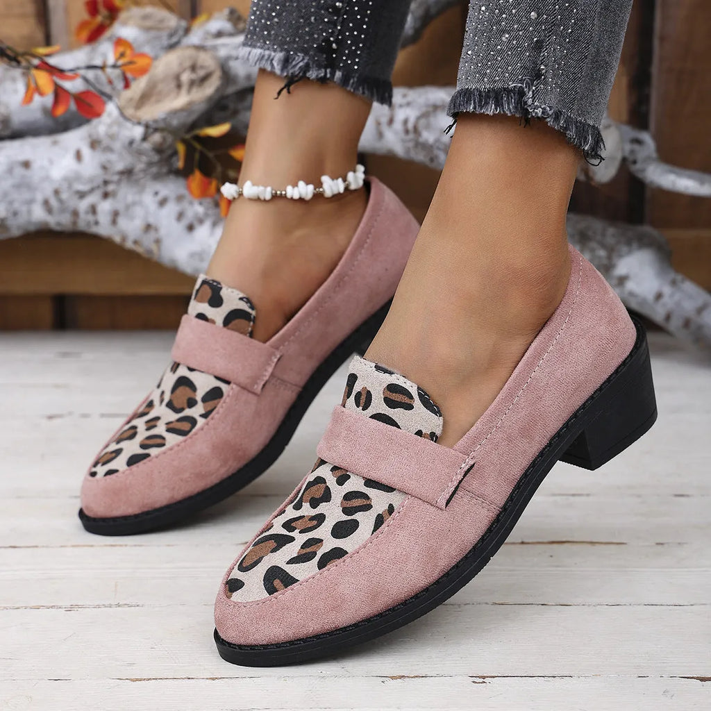 Leopard print suede slip-on shoes with a chunky heel and pointed toe in brown colour