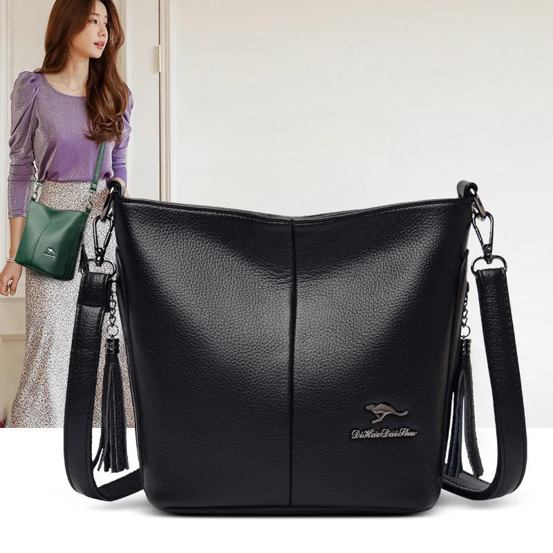 Women's large capacity soft PU leather bucket bag in five colours red green blue black yellow with slit pocket