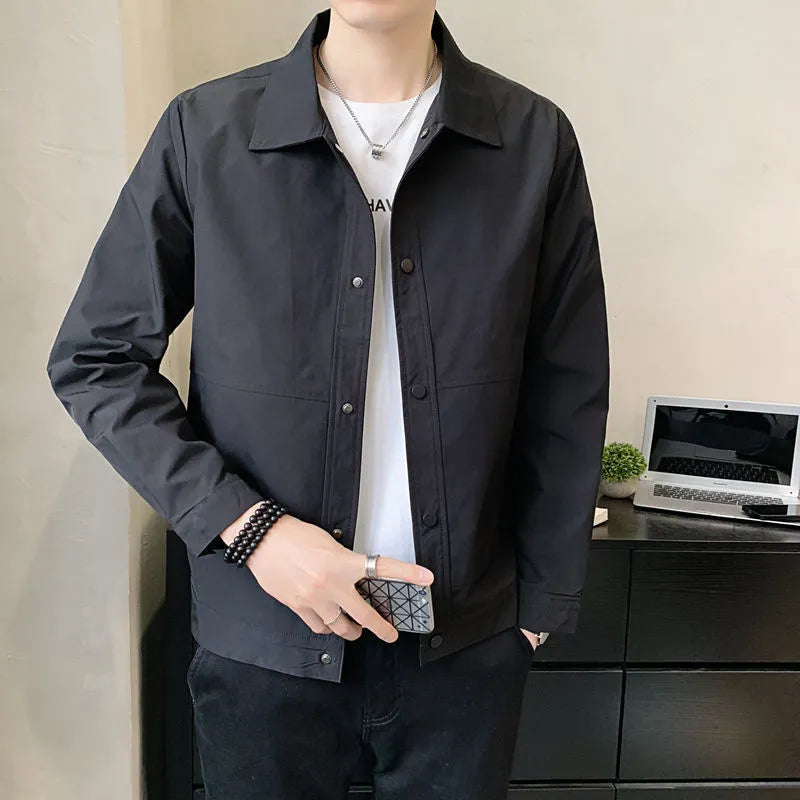 Korean style men's thin single-layer polyester jacket in light grey, showing front view.