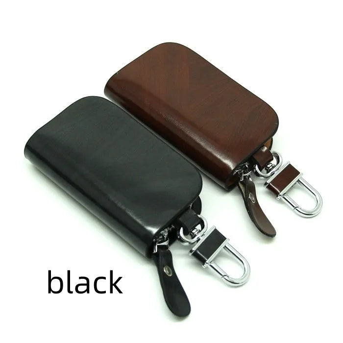 Genuine cowhide leather car key case with frosted finish and zipper closure