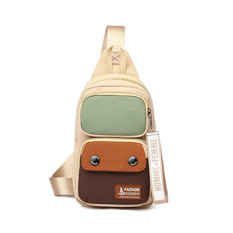 Outdoor leisure crossbody shoulder bag in nylon, shown in black, beige contrast, and light brown contrast colour options.