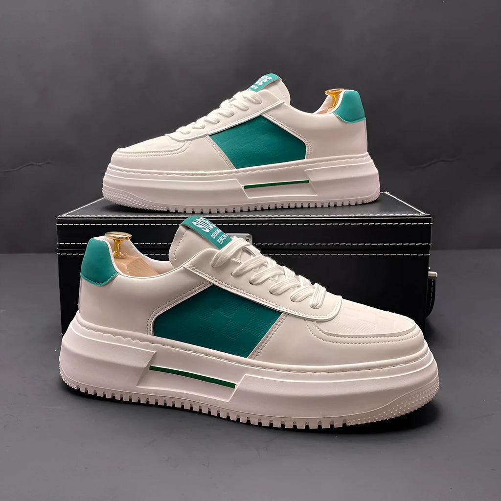 Casual unisex shoes in white with black or green accents, cloth upper with rubber foam sole