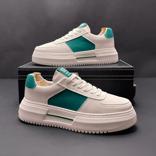 Casual unisex shoes in white with black or green accents, cloth upper with rubber foam sole