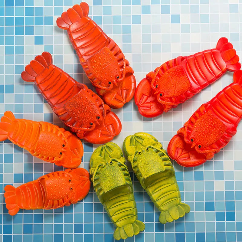 Cute red lobster-shaped PVC slippers for unisex wear, solid colour with flanging detail on patent leather upper