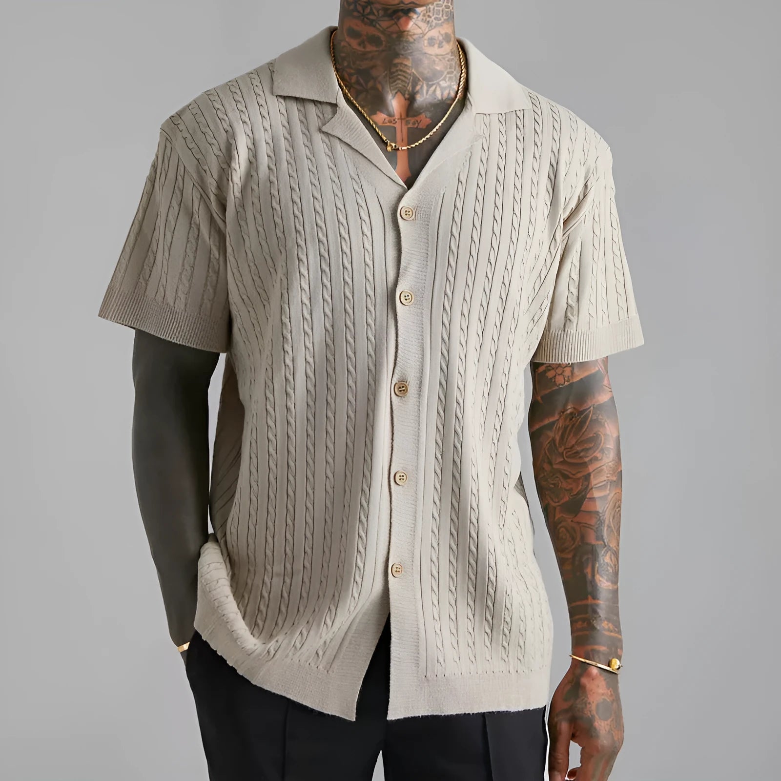 Men's knitted button short-sleeved shirt in Silver Gray solid colour, slim fit, cotton blend fabric