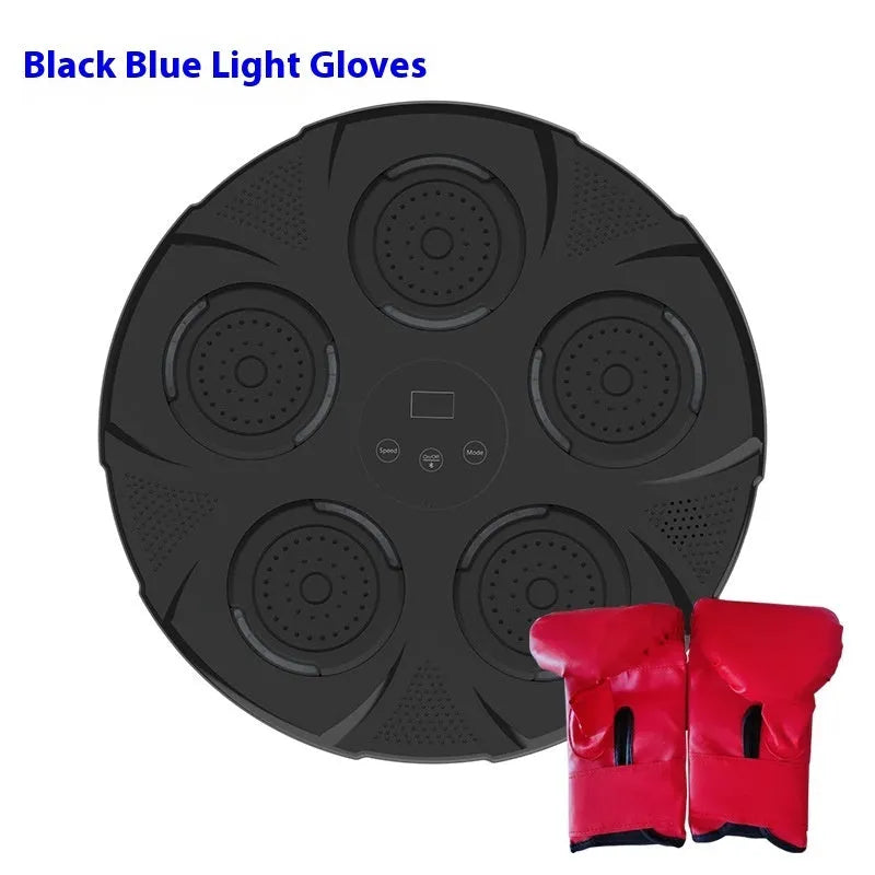 Wall-mounted smart boxing trainer sandbag with LED lights on black ABS surface, showing mounting brackets.