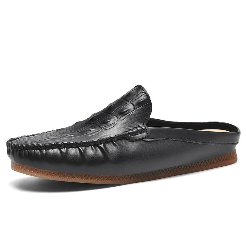 Men's black breathable semi-slippers with a textured rubber sole, shown from a side angle.
