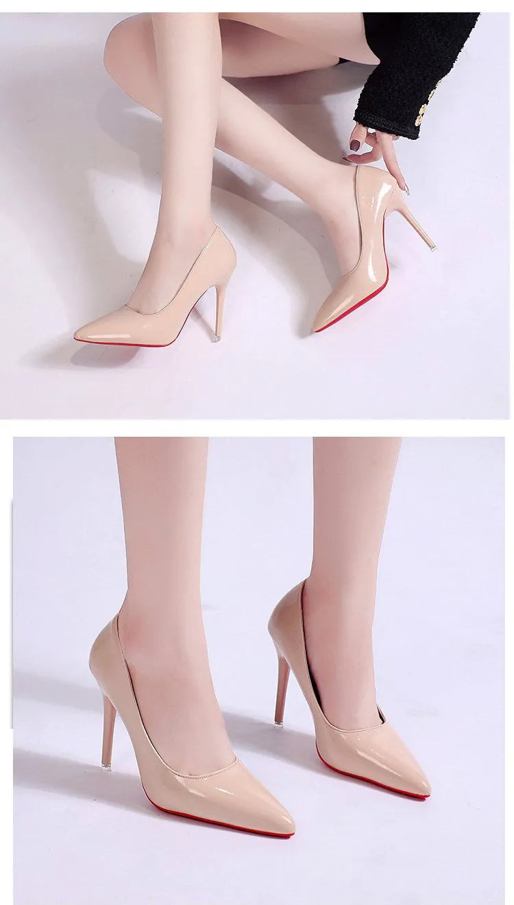 Women's pointed toe stiletto pump in a solid colour with a shallow cut, showing heel height options.