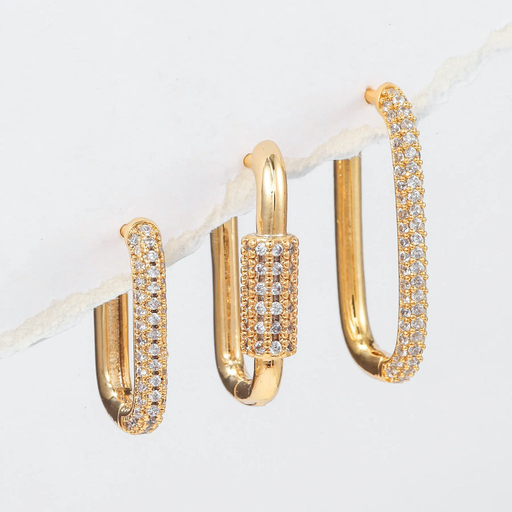 Geometric three-piece ear clip set with micro inlaid zircon stones in gold or white colour