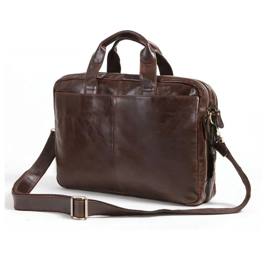 Brown 18 inch men's business briefcase made from first layer cowhide leather
