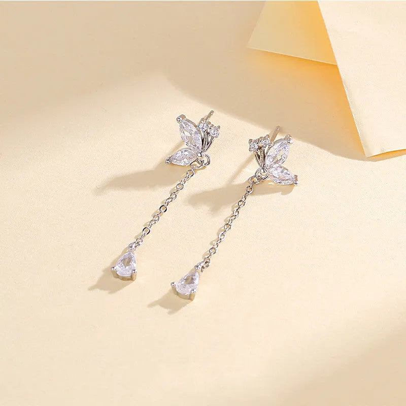 S925 silver butterfly zircon tassel earrings for women, long dangle design, silver colour