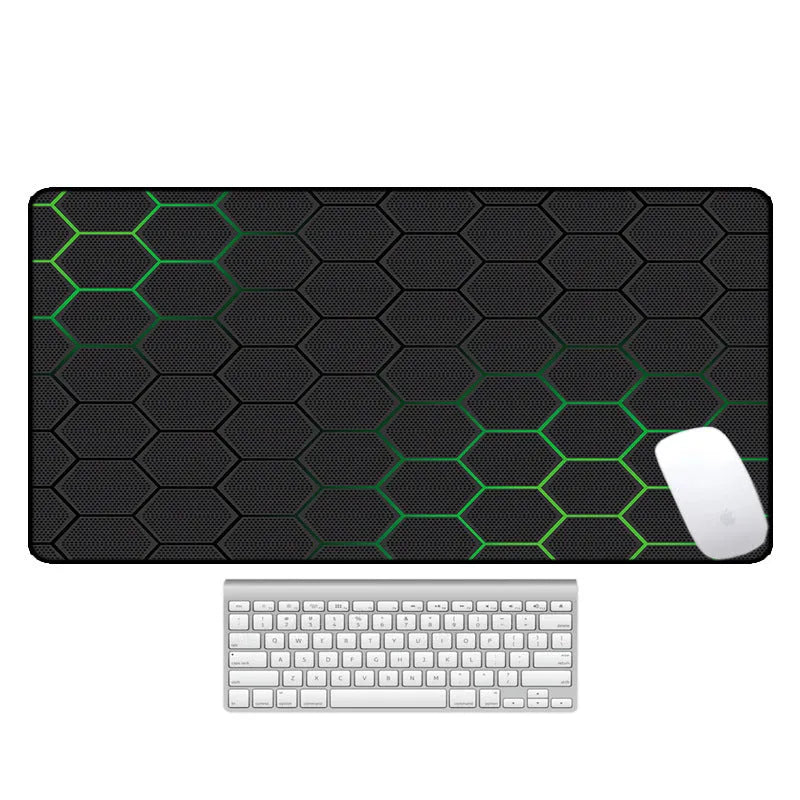 Large natural rubber desk mat with printed pattern, shown on a desk with keyboard and mouse.