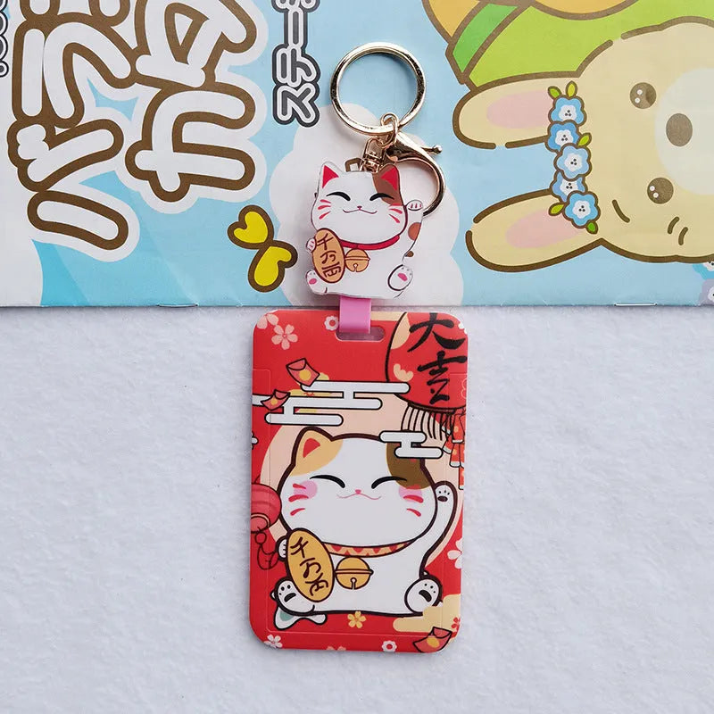 Cartoon lucky cat design plastic certificate sleeve and matching ferrule pendant set.
