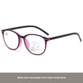 Woman wearing ultra-light multi-focus reading glasses in a Champagne Box frame colour, suitable for presbyopic vision correction.