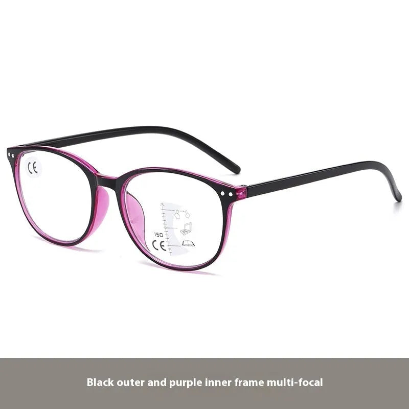 Woman wearing ultra-light multi-focus reading glasses in a Champagne Box frame colour, suitable for presbyopic vision correction.