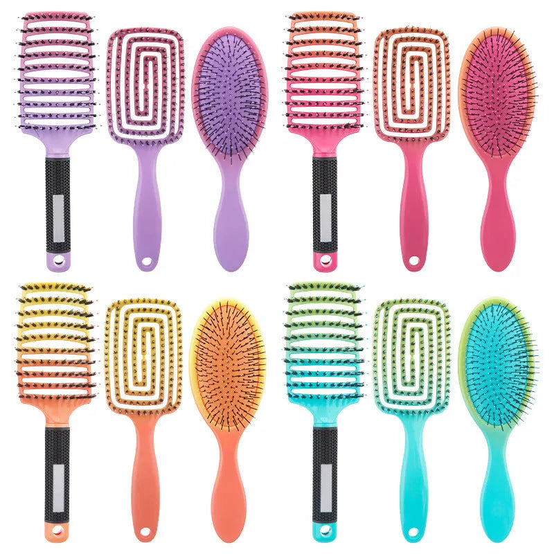 Gradient curly hair hollow comb set with three combs in orange and yellow gradient on a light background