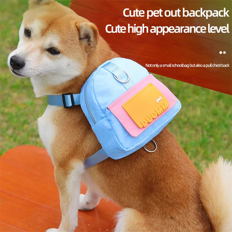Blue adjustable dog backpack harness with storage compartment and a tow rope laid flat