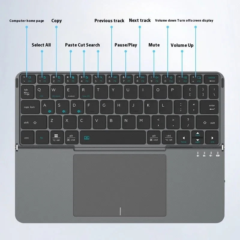 Grey wireless Bluetooth folding keyboard in closed and open positions for mobile phones and tablets