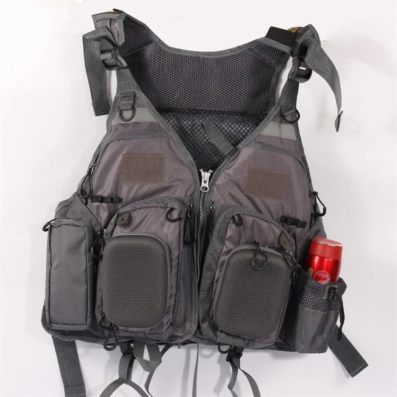 Grey ripstop polyester fishing life jacket with multiple pockets, MOLLE panels, and reflective strips on a mannequin.