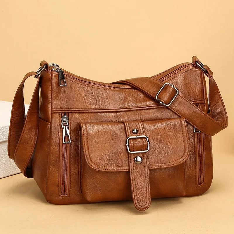 Retro large capacity soft PU leather shoulder messenger bag in brown, 27x20x10cm, with sandwich pocket