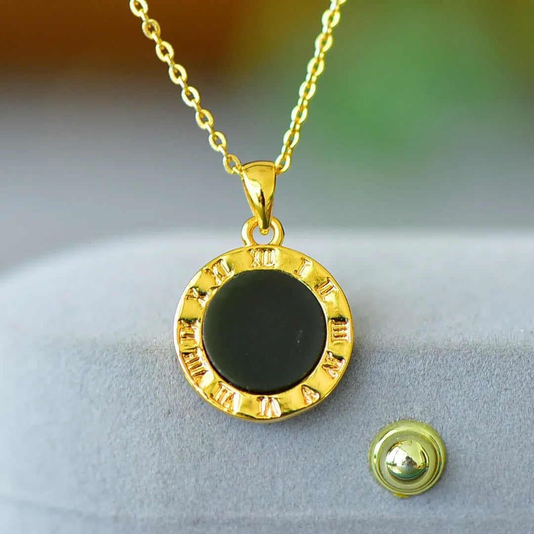 Copper inlaid natural Hetian gray and ink blue jade pendant necklace on a chain.