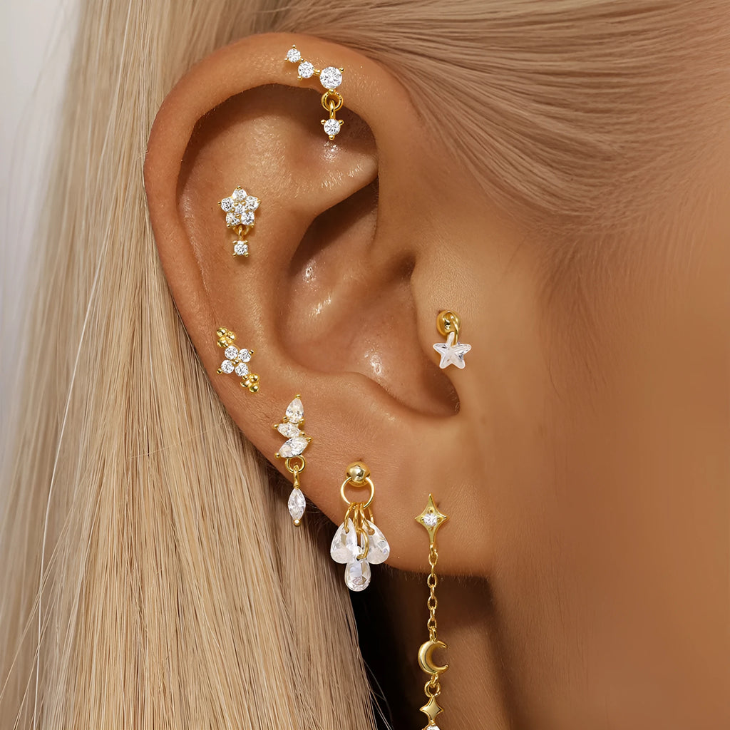 S925 sterling silver geometric moon and star earrings with diamond accents in gold-plated finish