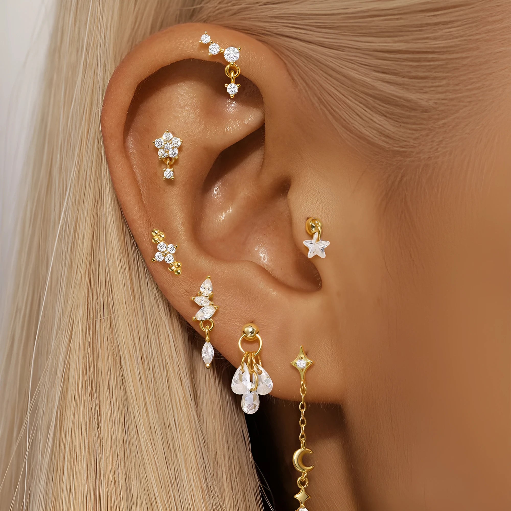 S925 sterling silver geometric moon and star earrings with diamond accents in gold-plated finish