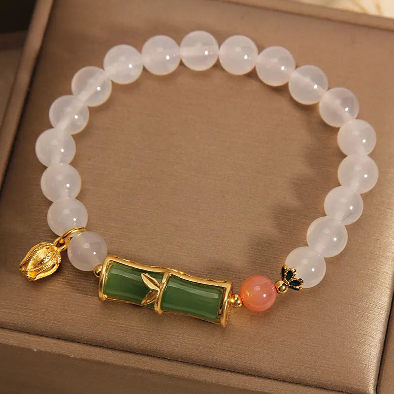 Women's Chinese style bamboo beaded bracelet with white agate and jade components