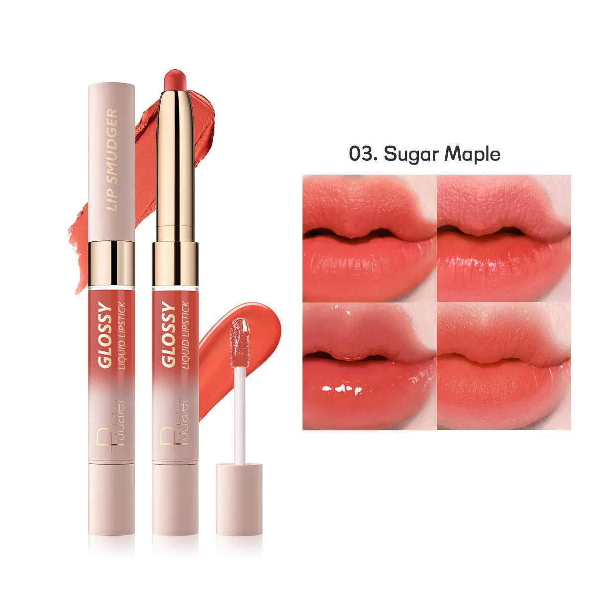 Double-headed matte lipstick and lip gloss cosmetic stick in one of ten available colours.