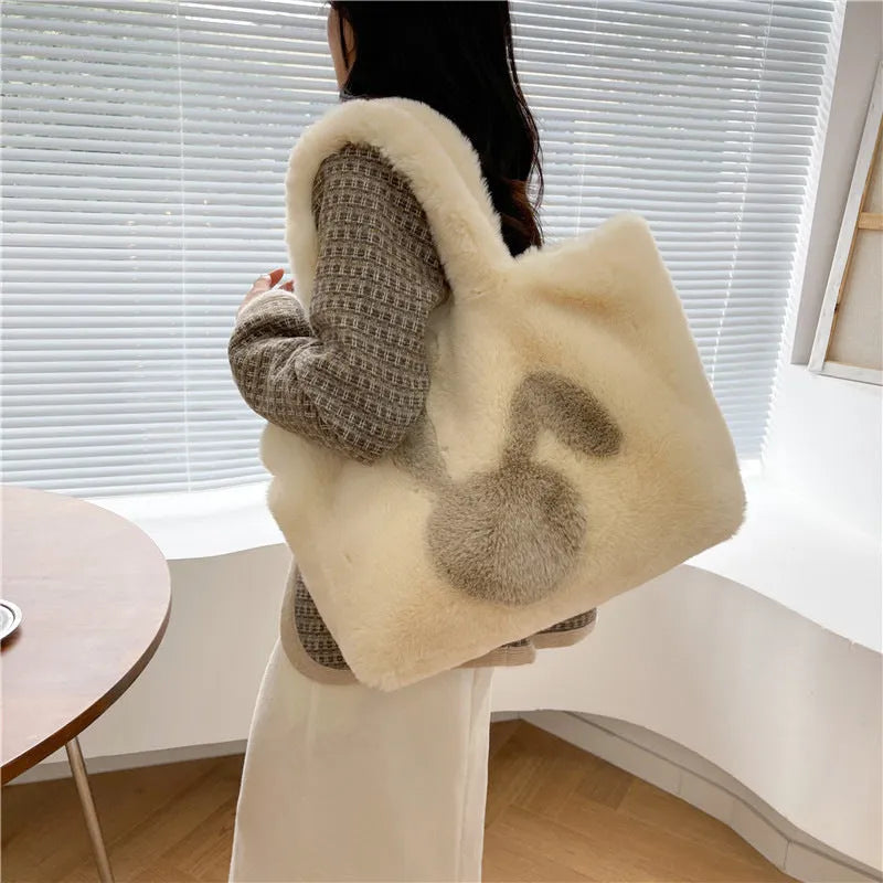 Plush shoulder bag with cartoon rabbit ears design in six colour options