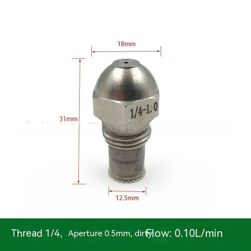 304 stainless steel two-point industrial spray nozzle with external thread and filter screen for atomisation.