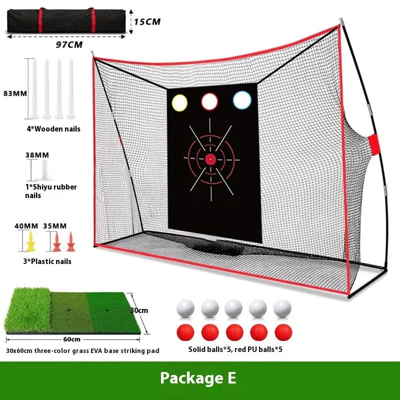 Golf swing wedge training net with 3-hole cross design and straw practice mat with practice balls and accessories