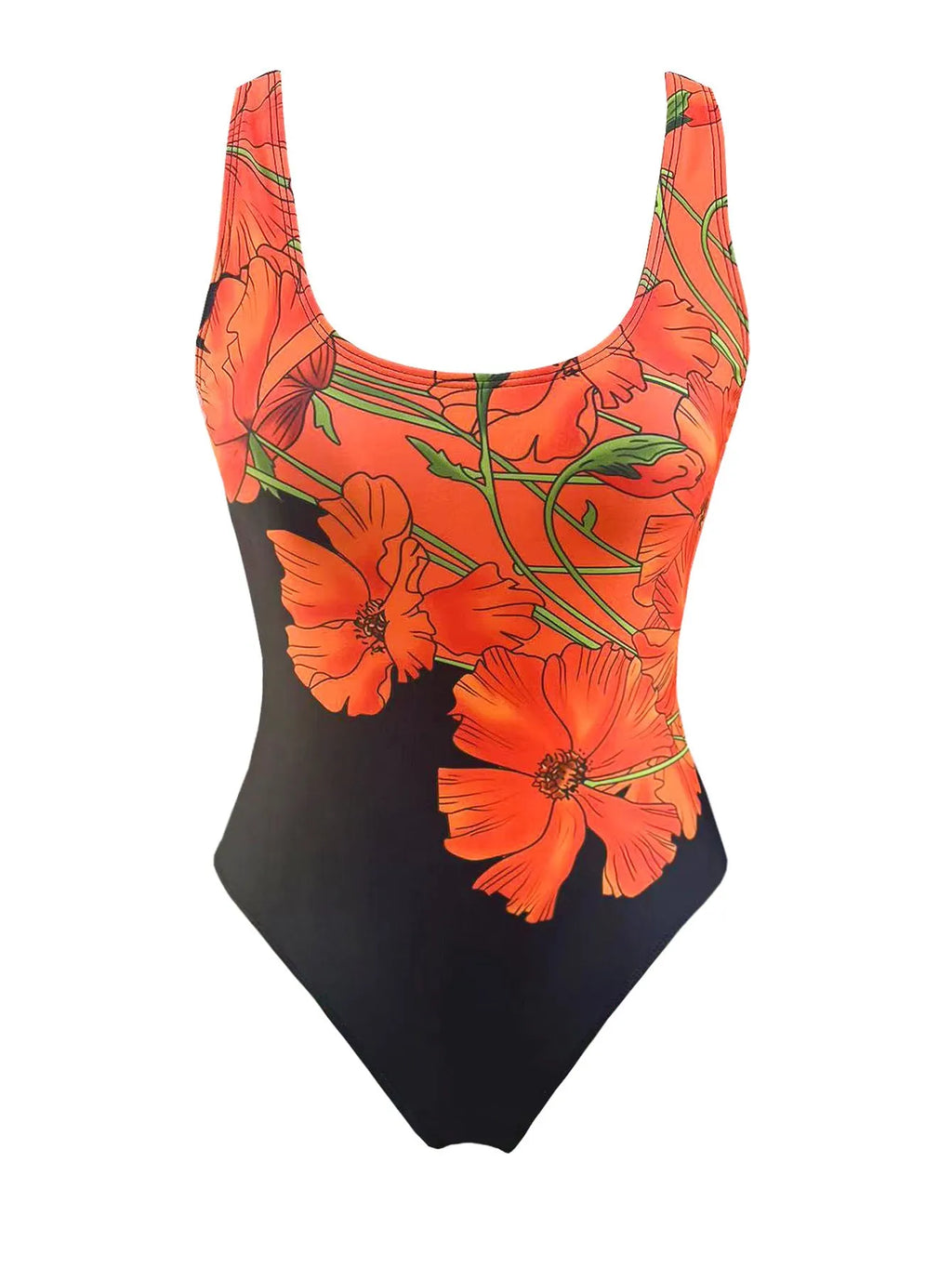 Orange floral print women's backless one-piece swimsuit on a white background.