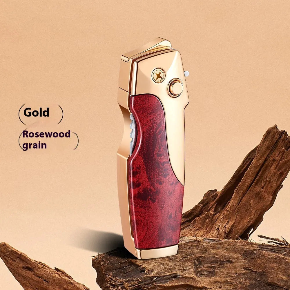 Metal folding lighter with integrated pocket knife tool in a wood grain finish.