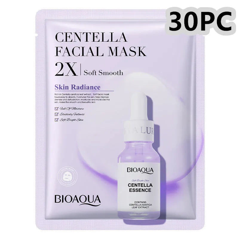 Single sheet of a white collagen face mask and a multi-pack box of 30g facial sheet masks.