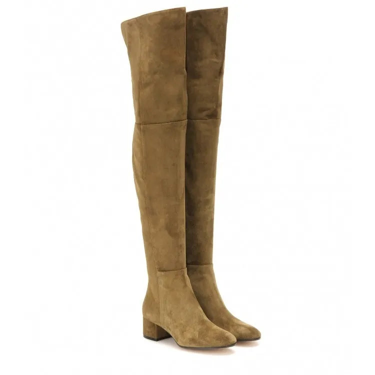 Grey suede women's flat over-the-knee boots with pointed toe and low thick heel.