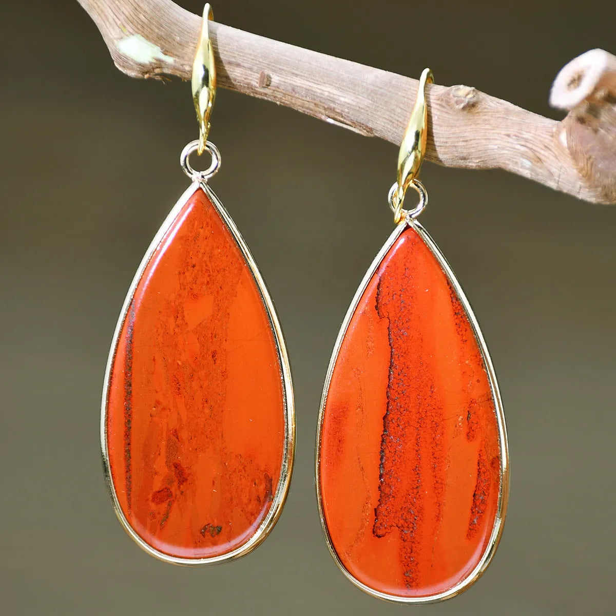 Handcrafted vintage stone water droplet earrings in tigereye, amethyst, pink crystal, redstone and turquoise colours