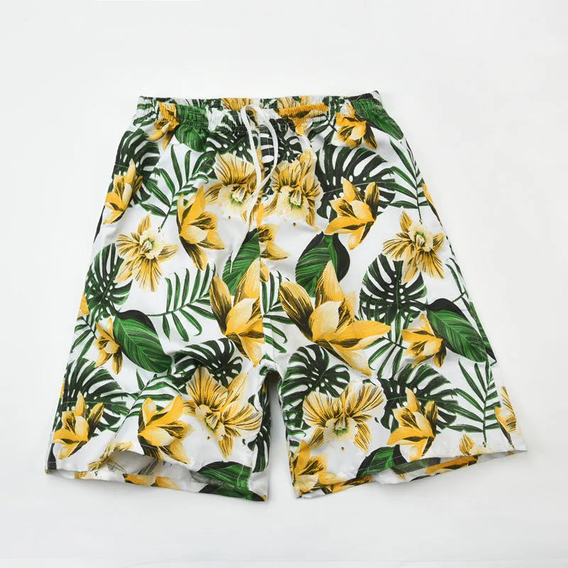 Men's floral print five-point swimming trunks in polyester fabric, free size