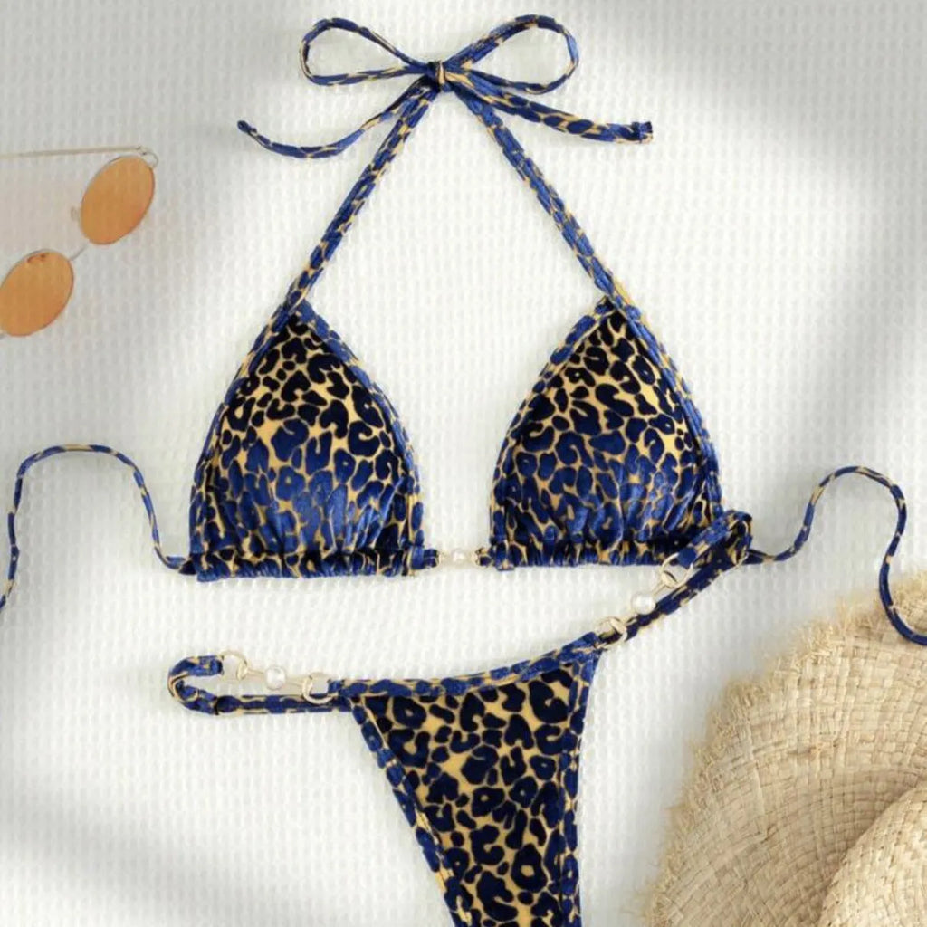Women's blue leopard print T-shaped bikini swimsuit made from polyester and spandex fabric.