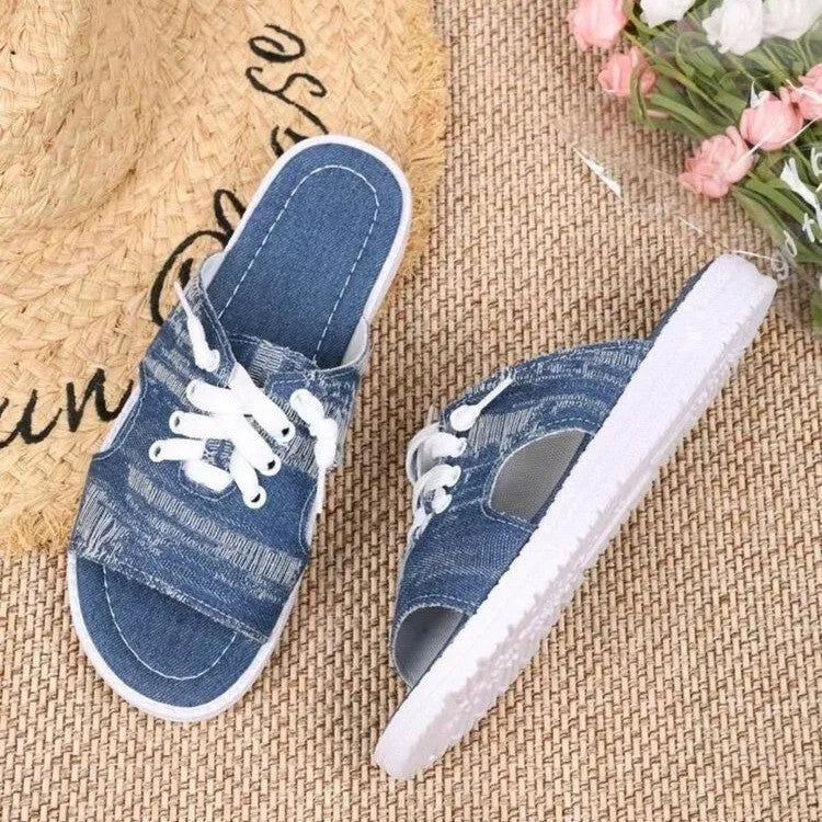 Blue women's flat canvas Roman slippers with a rubber sole, shown in size 36-43.