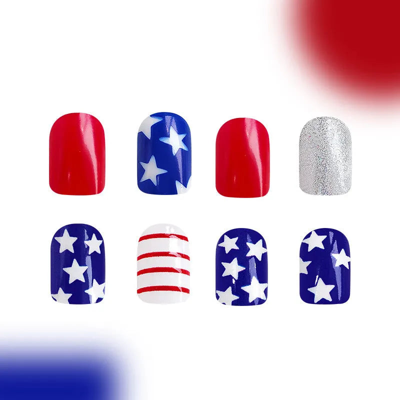 Finished nail tips with glitter red and blue multicolor Independence Day pattern