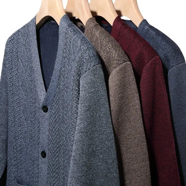 Men's striped cardigan sweater in plus sizes with wool lining for cold weather wear