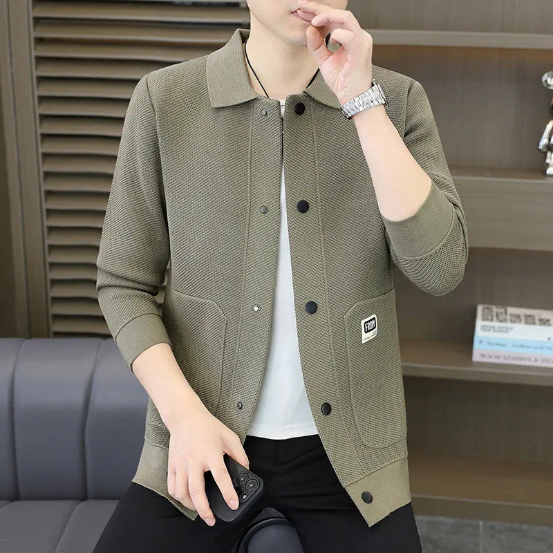 Fashion lapel sweater casual cardigan for youth in gray, black, khaki, loose fit, sizes 165 to 190