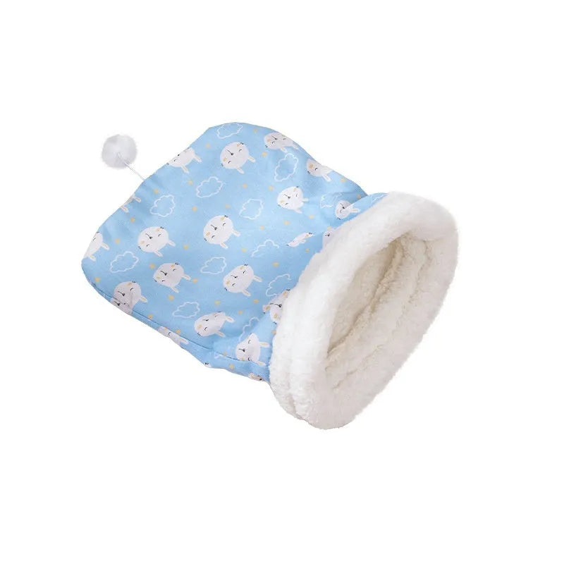 Cat sleeping bag nest pet bed measuring 50cm by 40cm in blue rabbit design