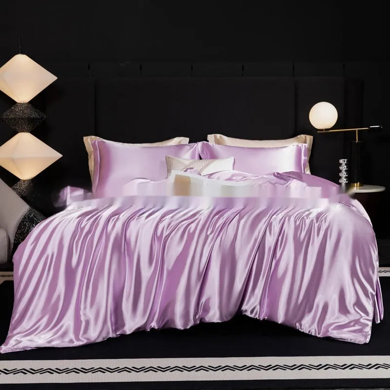 Silk bed sheet four-piece set in solid colours showing multiple size options for household bedding